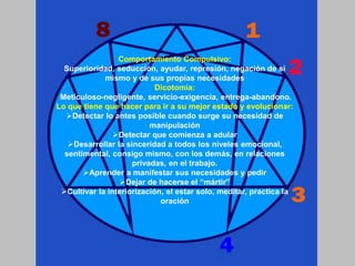 Comportamiento Compulsivo:
Superioridad, seducción, ayudar, represión, negación de sí
mismo y de sus propias necesidades
Dicotomía:
Meticuloso-negligente, servicio-exigencia, entrega-abandono.
Lo que tiene que hacer para ir a su mejor estado y evolucionar:
Detectar lo antes posible cuando surge su necesidad de
manipulación
Detectar que comienza a adular
Desarrollar la sinceridad a todos los niveles emocional,
sentimental, consigo mismo, con los demás, en relaciones
privadas, en el trabajo.
Aprender a manifestar sus necesidades y pedir
Dejar de hacerse el “mártir”
Cultivar la interiorización, el estar solo, meditar, practica la
oración
 