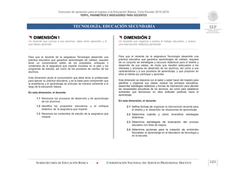 Concurso de oposición para el ingreso a la Educación Básica. Ciclo Escolar 2015-2016
PERFIL, PARÁMETROS E INDICADORES PARA DOCENTES
TECNOLOGÍA. EDUCACIÓN SECUNDARIA
SUBSECRETARÍA DE EDUCACIÓN BÁSICA  COORDINACIÓN NACIONAL DEL SERVICIO PROFESIONAL DOCENTE 121
 DIMENSIÓN 1
Un docente que conoce a sus alumnos, sabe cómo aprenden y lo
que deben aprender
Para que el docente de la asignatura Tecnología desarrolle una
práctica educativa que garantice aprendizajes de calidad, requiere
tener un conocimiento sólido de los propósitos, enfoques y
contenidos de la asignatura que imparte incluidos en el plan y los
programas de estudio, así como de los procesos de cambio de los
alumnos.
Esta dimensión alude al conocimiento que debe tener el profesorado
para ejercer su práctica educativa, y es la base para comprender que
la enseñanza y el aprendizaje se articulan de manera coherente a lo
largo de la educación básica.
En esta dimensión, el docente:
1.1 Reconoce los procesos de desarrollo y de aprendizaje
de los alumnos.
1.2 Identifica los propósitos educativos y el enfoque
didáctico de la asignatura que imparte.
1.3 Reconoce los contenidos de estudio de la asignatura que
imparte.
 DIMENSIÓN 2
Un docente que organiza y evalúa el trabajo educativo, y realiza
una intervención didáctica pertinente
Para que el docente de la asignatura Tecnología desarrolle una
práctica educativa que garantice aprendizajes de calidad, requiere
de un conjunto de estrategias y recursos didácticos para el diseño y
desarrollo de sus clases, de modo que resulten adecuados a los
intereses y procesos de desarrollo de los alumnos, así como a sus
características y a sus procesos de aprendizaje, y que propicien en
ellos el interés por participar y aprender.
Esta dimensión se relaciona con el saber y saber hacer del maestro para
planificar y organizar sus clases, evaluar los procesos educativos,
desarrollar estrategias didácticas y formas de intervención para atender
las necesidades educativas de los alumnos, así como para establecer
ambientes que favorezcan en ellos actitudes positivas hacia el
aprendizaje.
En esta dimensión, el docente:
2.1 Define formas de organizar la intervención docente para
el diseño y el desarrollo de situaciones de aprendizaje.
2.2 Determina cuándo y cómo diversificar estrategias
didácticas.
2.3 Determina estrategias de evaluación del proceso
educativo con fines de mejora.
2.4 Determina acciones para la creación de ambientes
favorables al aprendizaje en el laboratorio de tecnología y
en la escuela.
 