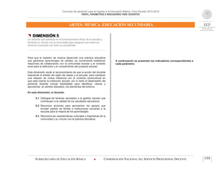 Concurso de oposición para el ingreso a la Educación Básica. Ciclo Escolar 2015-2016
PERFIL, PARÁMETROS E INDICADORES PARA DOCENTES
ARTES: MÚSICA. EDUCACIÓN SECUNDARIA
SUBSECRETARÍA DE EDUCACIÓN BÁSICA  COORDINACIÓN NACIONAL DEL SERVICIO PROFESIONAL DOCENTE 155
 DIMENSIÓN 5
Un docente que participa en el funcionamiento eficaz de la escuela y
fomenta su vínculo con la comunidad para asegurar que todos los
alumnos concluyan con éxito su escolaridad
Para que el maestro de música desarrolle una práctica educativa
que garantice aprendizajes de calidad, es conveniente establecer
relaciones de colaboración con la comunidad escolar y el contexto
local para la definición y el cumplimiento del proyecto escolar.
Esta dimensión alude al reconocimiento de que la acción del docente
trasciende el ámbito del salón de clases y la escuela, para mantener
una relación de mutua influencia con el contexto sociocultural en
que está inserta la institución escolar, por lo tanto el desempeño del
personal docente incluye habilidades para identificar, valorar y
aprovechar, en sentido educativo, los elementos del entorno.
En esta dimensión, el docente:
5.1 Distingue los factores asociados a la gestión escolar que
contribuyen a la calidad de los resultados educativos.
5.2 Reconoce acciones para aprovechar los apoyos que
brindan padres de familia e instituciones cercanas a la
escuela para la mejora de los aprendizajes.
5.3 Reconoce las características culturales y lingüísticas de la
comunidad y su vínculo con la práctica educativa.
A continuación se presentan los indicadores correspondientes a
cada parámetro:
 