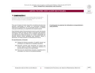 Concurso de oposición para el ingreso a la Educación Básica. Ciclo Escolar 2015-2016
PERFIL, PARÁMETROS E INDICADORES PARA DOCENTES
ARTES: TEATRO. EDUCACIÓN SECUNDARIA
SUBSECRETARÍA DE EDUCACIÓN BÁSICA  COORDINACIÓN NACIONAL DEL SERVICIO PROFESIONAL DOCENTE 167
 DIMENSIÓN 5
Un docente que participa en el funcionamiento eficaz de la escuela y
fomenta su vínculo con la comunidad para asegurar que todos los
alumnos concluyan con éxito su escolaridad
Para que el maestro de teatro desarrolle una práctica educativa que
garantice aprendizajes de calidad, es conveniente establecer
relaciones de colaboración con la comunidad escolar y el contexto
local para la definición y el cumplimiento del proyecto escolar.
Esta dimensión alude al reconocimiento de que la acción del docente
trasciende el ámbito del salón de clases y la escuela, para mantener
una relación de mutua influencia con el contexto sociocultural en
que está inserta la institución escolar, por lo tanto el desempeño del
personal docente incluye habilidades para identificar, valorar y
aprovechar, en sentido educativo, los elementos del entorno.
En esta dimensión, el docente:
5.1 Distingue los factores asociados a la gestión escolar que
contribuyen a la calidad de los resultados educativos.
5.2 Reconoce acciones para aprovechar los apoyos que
brindan padres de familia e instituciones cercanas a la
escuela para la mejora de los aprendizajes.
5.3 Reconoce las características culturales y lingüísticas de la
comunidad y su vínculo con la práctica educativa.
A continuación se presentan los indicadores correspondientes a
cada parámetro:
 