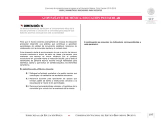 Concurso de oposición para el ingreso a la Educación Básica. Ciclo Escolar 2015-2016
PERFIL, PARÁMETROS E INDICADORES PARA DOCENTES
ACOMPAÑANTE DE MÚSICA. EDUCACIÓN PREESCOLAR
SUBSECRETARÍA DE EDUCACIÓN BÁSICA  COORDINACIÓN NACIONAL DEL SERVICIO PROFESIONAL DOCENTE 197
 DIMENSIÓN 5
Un técnico docente que participa en el funcionamiento eficaz de la
escuela y fomenta su vínculo con la comunidad para asegurar que
todos los alumnos concluyan con éxito su escolaridad
Para que el técnico docente acompañante de música de educación
preescolar desarrolle una práctica que contribuya a garantizar
aprendizajes de calidad, es conveniente establecer relaciones de
colaboración con la comunidad escolar y el contexto local.
Esta dimensión alude al reconocimiento de que la acción del técnico
docente trasciende el ámbito del salón de clases y la escuela, para
mantener una relación de mutua influencia con el contexto
sociocultural en que está inserta la institución escolar, por lo tanto el
desempeño del personal técnico docente incluye habilidades para
identificar, valorar y aprovechar, en sentido educativo, los elementos
del entorno.
En esta dimensión, el técnico docente:
5.1 Distingue los factores asociados a la gestión escolar que
contribuyen a la calidad de los resultados educativos.
5.2 Reconoce acciones para aprovechar los apoyos que
brindan padres de familia e instituciones cercanas a la
escuela para la mejora de los aprendizajes.
5.3 Reconoce las características culturales y lingüísticas de la
comunidad y su vínculo con la enseñanza de la música.
A continuación se presentan los indicadores correspondientes a
cada parámetro:
 
