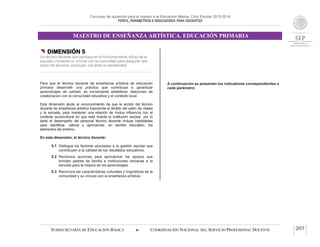 Concurso de oposición para el ingreso a la Educación Básica. Ciclo Escolar 2015-2016
PERFIL, PARÁMETROS E INDICADORES PARA DOCENTES
MAESTRO DE ENSEÑANZA ARTÍSTICA. EDUCACIÓN PRIMARIA
SUBSECRETARÍA DE EDUCACIÓN BÁSICA  COORDINACIÓN NACIONAL DEL SERVICIO PROFESIONAL DOCENTE 207
 DIMENSIÓN 5
Un técnico docente que participa en el funcionamiento eficaz de la
escuela y fomenta su vínculo con la comunidad para asegurar que
todos los alumnos concluyan con éxito su escolaridad
Para que el técnico docente de enseñanza artística de educación
primaria desarrolle una práctica que contribuya a garantizar
aprendizajes de calidad, es conveniente establecer relaciones de
colaboración con la comunidad educativa y el contexto local.
Esta dimensión alude al reconocimiento de que la acción del técnico
docente de enseñanza artística trasciende el ámbito del salón de clases
y la escuela, para mantener una relación de mutua influencia con el
contexto sociocultural en que está inserta la institución escolar, por lo
tanto el desempeño del personal técnico docente incluye habilidades
para identificar, valorar y aprovechar, en sentido educativo, los
elementos del entorno.
En esta dimensión, el técnico docente:
5.1 Distingue los factores asociados a la gestión escolar que
contribuyen a la calidad de los resultados educativos.
5.2 Reconoce acciones para aprovechar los apoyos que
brindan padres de familia e instituciones cercanas a la
escuela para la mejora de los aprendizajes.
5.3 Reconoce las características culturales y lingüísticas de la
comunidad y su vínculo con la enseñanza artística.
A continuación se presentan los indicadores correspondientes a
cada parámetro:
 