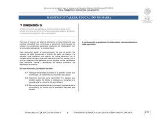 Concurso de oposición para el ingreso a la Educación Básica. Ciclo Escolar 2015-2016
PERFIL, PARÁMETROS E INDICADORES PARA DOCENTES
MAESTRO DE TALLER. EDUCACIÓN PRIMARIA
SUBSECRETARÍA DE EDUCACIÓN BÁSICA  COORDINACIÓN NACIONAL DEL SERVICIO PROFESIONAL DOCENTE 217
 DIMENSIÓN 5
Un técnico docente que participa en el funcionamiento eficaz de la
escuela y fomenta su vínculo con la comunidad para asegurar que todos
los alumnos concluyan con éxito su escolaridad
Para que el maestro de taller de educación primaria desarrolle una
práctica educativa que contribuya a garantizar aprendizajes de
calidad, es conveniente establecer relaciones de colaboración con
la comunidad educativa y el contexto local.
Esta dimensión alude al reconocimiento de que la acción del
maestro de taller trasciende el ámbito del salón de clases y la
escuela, para mantener una relación de mutua influencia con el
contexto sociocultural en que está inserta la institución escolar, por lo
tanto el desempeño del personal técnico docente incluye habilidades
para identificar, valorar y aprovechar, en sentido educativo, los
elementos del entorno.
En esta dimensión, el maestro de taller:
5.1 Distingue los factores asociados a la gestión escolar que
contribuyen a la calidad de los resultados educativos.
5.2 Reconoce acciones para aprovechar los apoyos que
brindan padres de familia e instituciones cercanas a la
escuela para la mejora de los aprendizajes.
5.3 Reconoce las características culturales y lingüísticas de la
comunidad y su vínculo con la enseñanza del taller que
imparte.
A continuación se presentan los indicadores correspondientes a
cada parámetro:
 