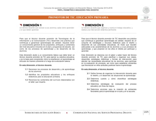 Concurso de oposición para el ingreso a la Educación Básica. Ciclo Escolar 2015-2016
PERFIL, PARÁMETROS E INDICADORES PARA DOCENTES
PROMOTOR DE TIC. EDUCACIÓN PRIMARIA
SUBSECRETARÍA DE EDUCACIÓN BÁSICA  COORDINACIÓN NACIONAL DEL SERVICIO PROFESIONAL DOCENTE 225
 DIMENSIÓN 1
Un técnico docente que conoce a sus alumnos, sabe cómo aprenden
y lo que deben aprender
Para que el técnico docente promotor de Tecnologías de la
Información y la Comunicación (TIC) desarrolle una práctica que
contribuya a garantizar aprendizajes de calidad, requiere tener
un conocimiento general de los propósitos, enfoques y contenidos
del nivel educativo incluidos en el plan y programas de estudio, así
como de los procesos de aprendizaje y de desarrollo de los
alumnos.
Esta dimensión alude a un conocimiento básico que debe tener un
técnico docente promotor de TIC para ejercer su práctica educativa,
y es la base para comprender cómo la enseñanza y el aprendizaje se
articulan de manera coherente a lo largo de la educación básica.
En esta dimensión, el técnico docente:
1.1 Reconoce los procesos de desarrollo y de aprendizaje
de los alumnos.
1.2 Identifica los propósitos educativos y los enfoques
didácticos para la educación primaria.
1.3 Reconoce los contenidos del currículo relacionados con
el taller que imparte.
 DIMENSIÓN 2
Un técnico docente que organiza y evalúa el trabajo educativo, y
realiza una intervención didáctica pertinente
Para que el técnico docente promotor de TIC desarrolle una práctica
que contribuya a garantizar aprendizajes de calidad, requiere de un
conjunto de estrategias y recursos didácticos para el diseño y
desarrollo de sus actividades educativas, de modo que resulten
adecuadas a las características de los alumnos y a sus procesos de
aprendizaje, y que propicien en los ellos el interés por participar y
aprender.
Esta dimensión se relaciona con el saber y saber hacer del técnico
docente promotor de TIC para planificar y organizar sus clases,
desarrollar estrategias didácticas y formas de intervención para
atender las necesidades educativas de los alumnos, para participar
en la evaluación de procesos, así como para establecer ambientes
que favorezcan en ellos actitudes positivas hacia el aprendizaje.
En esta dimensión, el técnico docente:
2.1 Define formas de organizar la intervención docente para
el diseño y el desarrollo de situaciones de aprendizaje.
2.2 Determina cuándo y cómo diversificar estrategias
didácticas.
2.3 Determina estrategias de evaluación del proceso
educativo con fines de mejora.
2.4 Determina acciones para la creación de ambientes
favorables para el aprendizaje en el aula y en la escuela.
 