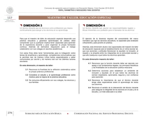 Concurso de oposición para el ingreso a la Educación Básica. Ciclo Escolar 2015-2016
PERFIL, PARÁMETROS E INDICADORES PARA DOCENTES
MAESTRO DE TALLER. EDUCACIÓN ESPECIAL
SUBSECRETARÍA DE EDUCACIÓN BÁSICA  COORDINACIÓN NACIONAL DEL SERVICIO PROFESIONAL DOCENTE276
 DIMENSIÓN 3
Un técnico docente que se reconoce como profesional que mejora
continuamente para apoyar a los alumnos en su aprendizaje
Para que el maestro de taller de educación especial desarrolle una
práctica educativa y garantice aprendizajes de calidad, debe
comprender que su quehacer implica tener capacidad para aprender
de la experiencia docente y para organizar la propia formación
continua. Además de demostrar disposición para el trabajo
colaborativo con sus colegas en asuntos académicos.
Con estos fines debe tener herramientas para la indagación sobre
temas de enseñanza y aprendizaje, competencias comunicativas que
le permitan leer de manera crítica textos especializados y saber
comunicarse por escrito y de manera oral con los distintos actores
escolares.
En esta dimensión, el maestro de taller:
3.1 Reconoce la finalidad de la reflexión sistemática sobre
la propia práctica profesional.
3.2 Considera al estudio y al aprendizaje profesional como
medios para la mejora de la práctica educativa.
3.3 Se comunica eficazmente con sus colegas, los alumnos y
sus familias.
 DIMENSIÓN 4
Un técnico docente que asume las responsabilidades legales y
éticas inherentes a su profesión para el bienestar de los alumnos
El ejercicio de la docencia requiere del conocimiento del marco
normativo que rige los servicios educativos, la capacidad para analizarlo
críticamente y para ponerlo en práctica.
Además, esta dimensión alude a las capacidades del maestro de taller
de educación especial para el establecimiento de un clima escolar tal,
que sus acciones y actitudes favorezcan la equidad, la inclusión, el
respeto y la empatía entre los integrantes de la comunidad escolar y
que ello coadyuve a que todos los alumnos aprendan.
En esta dimensión maestro de taller:
4.1 Reconoce que la función docente debe ser ejercida con
apego a los fundamentos legales, los principios filosóficos
y las finalidades de la educación pública mexicana.
4.2 Determina acciones para establecer un ambiente de
inclusión y equidad, en el que todos los alumnos se
sientan respetados, apreciados, seguros y con confianza
para aprender.
4.3 Reconoce la importancia de que el técnico docente
tenga altas expectativas sobre el aprendizaje de todos
sus alumnos.
4.4 Reconoce el sentido de la intervención del técnico docente
para asegurar la integridad de los alumnos en el aula y en la
escuela, y un trato adecuado a su edad.
 