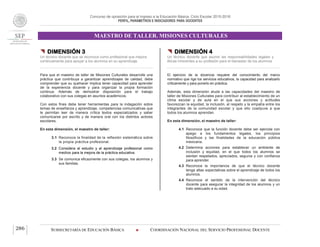 Concurso de oposición para el ingreso a la Educación Básica. Ciclo Escolar 2015-2016
PERFIL, PARÁMETROS E INDICADORES PARA DOCENTES
MAESTRO DE TALLER. MISIONES CULTURALES
SUBSECRETARÍA DE EDUCACIÓN BÁSICA  COORDINACIÓN NACIONAL DEL SERVICIO PROFESIONAL DOCENTE286
 DIMENSIÓN 3
Un técnico docente que se reconoce como profesional que mejora
continuamente para apoyar a los alumnos en su aprendizaje
Para que el maestro de taller de Misiones Culturales desarrolle una
práctica que contribuya a garantizar aprendizajes de calidad, debe
comprender que su quehacer implica tener capacidad para aprender
de la experiencia docente y para organizar la propia formación
continua. Además de demostrar disposición para el trabajo
colaborativo con sus colegas en asuntos académicos.
Con estos fines debe tener herramientas para la indagación sobre
temas de enseñanza y aprendizaje, competencias comunicativas que
le permitan leer de manera crítica textos especializados y saber
comunicarse por escrito y de manera oral con los distintos actores
escolares.
En esta dimensión, el maestro de taller:
3.1 Reconoce la finalidad de la reflexión sistemática sobre
la propia práctica profesional.
3.2 Considera al estudio y al aprendizaje profesional como
medios para la mejora de la práctica educativa.
3.3 Se comunica eficazmente con sus colegas, los alumnos y
sus familias.
 DIMENSIÓN 4
Un técnico docente que asume las responsabilidades legales y
éticas inherentes a su profesión para el bienestar de los alumnos
El ejercicio de la docencia requiere del conocimiento del marco
normativo que rige los servicios educativos, la capacidad para analizarlo
críticamente y para ponerlo en práctica.
Además, esta dimensión alude a las capacidades del maestro de
taller de Misiones Culturales para contribuir al establecimiento de un
clima escolar y de aula en el que sus acciones y actitudes
favorezcan la equidad, la inclusión, el respeto y la empatía entre los
integrantes de la comunidad escolar y que ello coadyuve a que
todos los alumnos aprendan.
En esta dimensión, el maestro de taller:
4.1 Reconoce que la función docente debe ser ejercida con
apego a los fundamentos legales, los principios
filosóficos y las finalidades de la educación pública
mexicana.
4.2 Determina acciones para establecer un ambiente de
inclusión y equidad, en el que todos los alumnos se
sientan respetados, apreciados, seguros y con confianza
para aprender.
4.3 Reconoce la importancia de que el técnico docente
tenga altas expectativas sobre el aprendizaje de todos los
alumnos.
4.4 Reconoce el sentido de la intervención del técnico
docente para asegurar la integridad de los alumnos y un
trato adecuado a su edad.
 