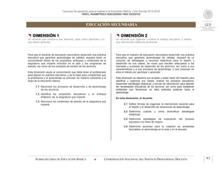 Concurso de oposición para el ingreso a la Educación Básica. Ciclo Escolar 2015-2016
PERFIL, PARÁMETROS E INDICADORES PARA DOCENTES
EDUCACIÓN SECUNDARIA
SUBSECRETARÍA DE EDUCACIÓN BÁSICA  COORDINACIÓN NACIONAL DEL SERVICIO PROFESIONAL DOCENTE 41
 DIMENSIÓN 1
Un docente que conoce a sus alumnos, sabe cómo aprenden y lo
que deben aprender
Para que el docente de educación secundaria desarrolle una práctica
educativa que garantice aprendizajes de calidad, requiere tener un
conocimiento sólido de los propósitos, enfoques y contenidos de la
asignatura que imparte incluidos en el plan y los programas de
estudio, así como de los procesos de cambio de los alumnos.
Esta dimensión alude al conocimiento que debe tener el profesorado
para ejercer su práctica educativa, y es la base para comprender que
la enseñanza y el aprendizaje se articulan de manera coherente a lo
largo de la educación básica.
1.1 Reconoce los procesos de desarrollo y de aprendizaje
de los alumnos.
1.2 Identifica los propósitos educativos y el enfoque
didáctico de la asignatura que imparte.
1.3 Reconoce los contenidos de estudio de la asignatura que
imparte.
 DIMENSIÓN 2
Un docente que organiza y evalúa el trabajo educativo, y realiza
una intervención didáctica pertinente
Para que el maestro de educación secundaria desarrolle una práctica
educativa que garantice aprendizajes de calidad, requiere de un
conjunto de estrategias y recursos didácticos para el diseño y
desarrollo de sus clases, de modo que resulten adecuados a los
intereses y procesos de desarrollo de los alumnos, así como a sus
características y a sus procesos de aprendizaje, y que propicien en
ellos el interés por participar y aprender.
Esta dimensión se relaciona con el saber y saber hacer del maestro para
planificar y organizar sus clases, evaluar los procesos educativos,
desarrollar estrategias didácticas y formas de intervención para atender
las necesidades educativas de los alumnos, así como para establecer
ambientes que favorezcan en ellos actitudes positivas hacia el
aprendizaje.
En esta dimensión, el docente:
2.1 Define formas de organizar la intervención docente para
el diseño y el desarrollo de situaciones de aprendizaje.
2.2 Determina cuándo y cómo diversificar estrategias
didácticas.
2.3 Determina estrategias de evaluación del proceso
educativo con fines de mejora.
2.4 Determina acciones para la creación de ambientes
favorables al aprendizaje en el aula y en la escuela.
 