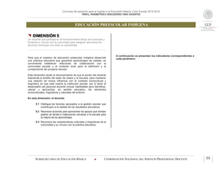 Concurso de oposición para el ingreso a la Educación Básica. Ciclo Escolar 2015-2016
PERFIL, PARÁMETROS E INDICADORES PARA DOCENTES
EDUCACIÓN PREESCOLAR INDÍGENA
SUBSECRETARÍA DE EDUCACIÓN BÁSICA  COORDINACIÓN NACIONAL DEL SERVICIO PROFESIONAL DOCENTE 55
 DIMENSIÓN 5
Un docente que participa en el funcionamiento eficaz de la escuela y
fomenta su vínculo con la comunidad para asegurar que todos los
alumnos concluyan con éxito su escolaridad
Para que el maestro de educación preescolar indígena desarrolle
una práctica educativa que garantice aprendizajes de calidad, es
conveniente establecer relaciones de colaboración con la
comunidad escolar y el contexto local para la definición y el
cumplimiento del proyecto escolar.
Esta dimensión alude al reconocimiento de que la acción del docente
trasciende el ámbito del salón de clases y la escuela, para mantener
una relación de mutua influencia con el contexto sociocultural y
lingüístico en que está inserta la institución escolar, por lo tanto el
desempeño del personal docente incluye habilidades para identificar,
valorar y aprovechar, en sentido educativo, los elementos
socioculturales, lingüísticos y naturales del entorno.
En esta dimensión, el docente:
5.1 Distingue los factores asociados a la gestión escolar que
contribuyen a la calidad de los resultados educativos.
5.2 Reconoce acciones para aprovechar los apoyos que brindan
padres de familia e instituciones cercanas a la escuela para
la mejora de los aprendizajes.
5.3 Reconoce las características culturales y lingüísticas de la
comunidad y su vínculo con la práctica educativa.
A continuación se presentan los indicadores correspondientes a
cada parámetro:
 