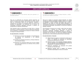 Concurso de oposición para el ingreso a la Educación Básica. Ciclo Escolar 2015-2016
PERFIL, PARÁMETROS E INDICADORES PARA DOCENTES
EDUCACIÓN ESPECIAL
SUBSECRETARÍA DE EDUCACIÓN BÁSICA  COORDINACIÓN NACIONAL DEL SERVICIO PROFESIONAL DOCENTE 71
 DIMENSIÓN 1
Un docente que conoce a sus alumnos, sabe cómo aprenden y lo
que deben aprender
Para que el profesorado de educación especial desarrolle una
práctica educativa que garantice aprendizajes de calidad, requiere
tener un conocimiento sólido de los propósitos, enfoques y
contenidos de los niveles de la educación básica, así como de los
procesos de aprendizaje y de desarrollo de los alumnos con
necesidades educativas especiales priorizando a aquellos con
discapacidad y/o aptitudes sobresalientes.
Esta dimensión alude al conocimiento que debe tener un docente
para ejercer su práctica educativa y que es la base para comprender
que la enseñanza y el aprendizaje se articulan de manera coherente
a lo largo de la educación básica.
En esta dimensión, el docente:
1.1 Reconoce los procesos de desarrollo y de aprendizaje de
los alumnos, con discapacidad y con aptitudes
sobresalientes.
1.2 Identifica los propósitos educativos y enfoques didácticos
de la educación básica.
1.3 Reconoce los contenidos básicos del currículo vigente
para hacer adecuaciones a los distintos ritmos y estilos
de aprendizaje.
 DIMENSIÓN 2
Un docente que organiza y evalúa el trabajo educativo, y realiza
una intervención didáctica pertinente
Para que el maestro de educación especial desarrolle una práctica
educativa que garantice aprendizajes de calidad, requiere de un conjunto
de estrategias y recursos didácticos diferenciados para el diseño y
desarrollo de sus clases, de modo que resulten adecuados a las
características de los alumnos con necesidades educativas especiales y a
sus procesos de aprendizaje, y que propicien en los alumnos el interés por
participar y aprender.
Esta dimensión se relaciona con el saber y saber hacer del maestro
para planificar y organizar sus clases, evaluar los procesos
educativos, desarrollar estrategias didácticas y formas de
intervención para atender las necesidades educativas especiales y
específicas de los alumnos, así como para establecer ambientes
que favorezcan en ellos actitudes positivas hacia el aprendizaje.
En esta dimensión, el docente:
2.1 Define formas de organizar la intervención docente para el
diseño y el desarrollo de situaciones de aprendizaje,
incluyendo las adecuaciones curriculares.
2.2 Determina cuándo y cómo diversificar estrategias didácticas,
que den respuesta a las necesidades de los alumnos con
discapacidad y con aptitudes sobresalientes.
2.3 Determina estrategias de evaluación del proceso
educativo con fines de mejora.
2.4 Determina acciones para la creación de ambientes
favorables al aprendizaje en el aula y en la escuela.
 