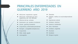 PRINCIPALES ENFERMEDADES EN
GUERRERO AÑO 2019
 Infecciones respiratorias agudas
 Infecciones intestinales por otros
organismos y las mal definidas
 Infeccion de vías urinarias
 Intoxicacion por picadura de alacram
 Ulceras ,gastritisy duodenitis
 Conjuntivitis y enfermedad periodontal
 Faringitis y amigdalitis estreptococos
 Conjuntivitis
 Otitis media aguda
 vulvovaginitis
 Obesidad
 Diabetes mellitus no insulinodepenediente
tipoII
 Hipertension arterial
 Amibiasis intestinal
 Violencia intrafamiliar
 Otras helmitiasis
 Candiasis urogenital
 Ascariasis
 Escabiasis
 Dengue no grave
 