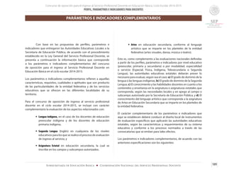 Concurso de oposición para el ingreso al Servicio Profesional Docente en Educación Básica. Ciclo Escolar 2014-2015
PERFIL, PARÁMETROS E INDICADORES PARA DOCENTES
109Subsecretaría de Educación Básica ■ Coordinación Nacional del Servicio Profesional Docente
	 Con base en las propuestas de perfiles, parámetros e
indicadores que entregaron las Autoridades Educativas Locales a la
Secretaría de Educación Pública, de acuerdo con el procedimiento
establecido en la Ley General del Servicio Profesional Docente, se
presenta a continuación la información básica que corresponde
a los parámetros e indicadores complementarios del concurso
de oposición para el ingreso al Servicio Profesional Docente en
Educación Básica en el ciclo escolar 2014-2015.
Los parámetros e indicadores complementarios refieren a aquellas
características, requisitos, cualidades o aptitudes que son producto
de las particularidades de la entidad federativa y de los servicios
educativos que se ofrecen en las diferentes localidades de su
territorio.
Para el concurso de oposición de ingreso al servicio profesional
docente en el ciclo escolar 2014-2015, se incluye con carácter
complementario la evaluación de los aspectos relacionados con:
• 	 Lengua indígena, en el caso de los docentes de educación
preescolar indígena y de los docentes de educación
primaria indígena,
• 	 Segunda Lengua (Inglés) en cualquiera de los niveles
educativos para los que se realice el proceso de evaluación
de ingreso al servicio, y
• 	 Asignatura Estatal en educación secundaria, la cual se
inscribe en los campos y subcampos autorizados.
PARÁMETROS E INDICADORES COMPLEMENTARIOS
• 	 Artes en educación secundaria, conforme al lenguaje
artístico que se imparte en los planteles de la entidad
federativa (artes visuales, danza, música o teatro).
Esto es, como complemento a las evaluaciones nacionales definidas
a partir de los perfiles, parámetros e indicadores por nivel educativo
(preescolar, primaria y secundaria) o por modalidad, especialidad
o servicio (Especial, Física, Indígena, Telesecundaria o Segunda
Lengua), las autoridades educativas estatales deberán prever lo
necesario para evaluar, según sea el caso: a) El grado de dominio de la
lengua o las lenguas indígenas, b) El grado de dominio de la Segunda
Lengua, c) El conocimiento y las habilidades docentes en cuanto a los
contenidos y enseñanza en la asignatura o asignaturas estatales que
corresponda, según las necesidades locales y en apego al campo o
subcampo autorizado por la Secretaría de Educación Pública, y d) El
conocimiento del lenguaje artístico que corresponda a la asignatura
de Artes en Educación Secundaria que se imparte en los planteles de
la entidad federativa.
El carácter complementario de los parámetros e indicadores que
aquí se establecen deberá conducir al diseño local de instrumentos
de evaluación específicos que aplicarán las autoridades educativas
estatales, según las características y requerimientos de su sistema
educativo y conforme a los procesos normados a través de las
convocatorias que se emitan para tales efectos.
Los parámetros e indicadores complementarios, de acuerdo con las
anteriores especificaciones son los siguientes:
 
