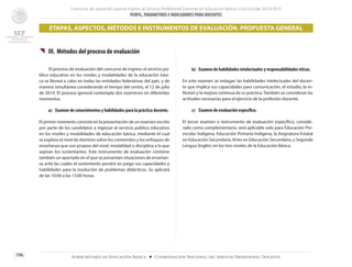 Concurso de oposición para el ingreso al Servicio Profesional Docente en Educación Básica. Ciclo Escolar 2014-2015
PERFIL, PARÁMETROS E INDICADORES PARA DOCENTES
196 Subsecretaría de Educación Básica ■ Coordinación Nacional del Servicio Profesional Docente
ETAPAS, ASPECTOS, MÉTODOS E INSTRUMENTOS DE EVALUACIÓN. PROPUESTA GENERAL
{{ III.	Métodos del proceso de evaluación
	 El proceso de evaluación del concurso de ingreso al servicio pú-
blico educativo en los niveles y modalidades de la educación bási-
ca se llevará a cabo en todas las entidades federativas del país, y de
manera simultánea considerando el tiempo del centro, el 12 de julio
de 2014. El proceso general contempla dos exámenes en diferentes
momentos.
a) 	 Examen de conocimientos y habilidades para la práctica docente.
El primer momento consiste en la presentación de un examen escrito
por parte de los candidatos a ingresar al servicio público educativo
en los niveles y modalidades de educación básica, mediante el cual
se explora el nivel de dominio sobre los contenidos y los enfoques de
enseñanza que son propios del nivel, modalidad o disciplina a la que
aspiran los sustentantes. Este instrumento de evaluación contiene
también un apartado en el que se presentan situaciones de enseñan-
za ante las cuales el sustentante pondrá en juego sus capacidades y
habilidades para la resolución de problemas didácticos. Se aplicará
de las 10:00 a las 13:00 horas.
b)	 Examen de habilidades intelectuales y responsabilidades éticas.
En este examen se indagan las habilidades intelectuales del docen-
te que implica sus capacidades para comunicación, el estudio, la re-
flexión y la mejora continua de su práctica.También se consideran las
actitudes necesarias para el ejercicio de la profesión docente.
c)	 Examen de evaluación específico.
El tercer examen o instrumento de evaluación específico, conside-
rado como complementario, será aplicable solo para Educación Pre-
escolar Indígena, Educación Primaria Indígena, la Asignatura Estatal
en Educación Secundaria, Artes en Educación Secundaria, y Segunda
Lengua (Inglés) en los tres niveles de la Educación Básica.
 