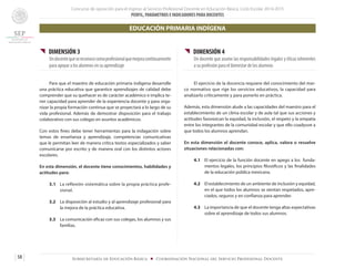 Concurso de oposición para el ingreso al Servicio Profesional Docente en Educación Básica. Ciclo Escolar 2014-2015
PERFIL, PARÁMETROS E INDICADORES PARA DOCENTES
58 Subsecretaría de Educación Básica ■ Coordinación Nacional del Servicio Profesional Docente
{{ DIMENSIÓN 3
Undocentequesereconocecomoprofesionalquemejoracontinuamente
para apoyar a los alumnos en su aprendizaje
	 Para que el maestro de educación primaria indígena desarrolle
una práctica educativa que garantice aprendizajes de calidad debe
comprender que su quehacer es de carácter académico e implica te-
ner capacidad para aprender de la experiencia docente y para orga-
nizar la propia formación continua que se proyectará a lo largo de su
vida profesional. Además de demostrar disposición para el trabajo
colaborativo con sus colegas en asuntos académicos.
Con estos fines debe tener herramientas para la indagación sobre
temas de enseñanza y aprendizaje, competencias comunicativas
que le permitan leer de manera crítica textos especializados y saber
comunicarse por escrito y de manera oral con los distintos actores
escolares.
En esta dimensión, el docente tiene conocimientos, habilidades y
actitudes para:
3.1 	 La reflexión sistemática sobre la propia práctica profe-
sional.
3.2 	 La disposición al estudio y al aprendizaje profesional para
la mejora de la práctica educativa.
3.3 	 La comunicación eficaz con sus colegas, los alumnos y sus
familias.
{{ DIMENSIÓN 4
Un docente que asume las responsabilidades legales y éticas inherentes
a su profesión para el bienestar de los alumnos
	 El ejercicio de la docencia requiere del conocimiento del mar-
co normativo que rige los servicios educativos, la capacidad para
analizarlo críticamente y para ponerlo en práctica.
Además, esta dimensión alude a las capacidades del maestro para el
establecimiento de un clima escolar y de aula tal que sus acciones y
actitudes favorezcan la equidad, la inclusión, el respeto y la empatía
entre los integrantes de la comunidad escolar y que ello coadyuve a
que todos los alumnos aprendan.
En esta dimensión el docente conoce, aplica, valora o resuelve
situaciones relacionadas con:
4.1 	 El ejercicio de la función docente en apego a los funda-
mentos legales, los principios filosóficos y las finalidades
de la educación pública mexicana.
4.2 	 El establecimiento de un ambiente de inclusión y equidad,
en el que todos los alumnos se sientan respetados, apre-
ciados, seguros y en confianza para aprender.
4.3 	 La importancia de que el docente tenga altas expectativas
sobre el aprendizaje de todos sus alumnos.
EDUCACIÓN PRIMARIA INDÍGENA
 