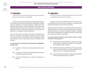 Concurso de oposición para el ingreso al Servicio Profesional Docente en Educación Básica. Ciclo Escolar 2014-2015
PERFIL, PARÁMETROS E INDICADORES PARA DOCENTES
68 Subsecretaría de Educación Básica ■ Coordinación Nacional del Servicio Profesional Docente
{{ DIMENSIÓN 3
Undocentequesereconocecomoprofesionalquemejoracontinuamente
para apoyar a los alumnos en su aprendizaje
	 Para que el maestro de educación especial desarrolle una prác-
tica educativa que garantice aprendizajes de calidad debe compren-
der que su quehacer es de carácter académico e implica tener capa-
cidad para aprender de la experiencia docente y para organizar la
propia formación continua que se proyectará a lo largo de su vida
profesional. Además de demostrar disposición para el trabajo cola-
borativo con sus colegas en asuntos académicos.
Con estos fines debe tener herramientas para la indagación sobre
temas de enseñanza y aprendizaje, competencias comunicativas
que le permitan leer de manera crítica textos especializados y saber
comunicarse por escrito y de manera oral con los distintos actores
escolares.
En esta dimensión, el docente tiene conocimientos, habilidades y
actitudes para:
3.1 	 La reflexión sistemática sobre la propia práctica profe-
sional.
3.2 	 La disposición al estudio y al aprendizaje profesional para
la mejora de la práctica educativa.
3.3 	 La comunicación eficaz con sus colegas, los alumnos y sus
familias.
{{ DIMENSIÓN 4
Un docente que asume las responsabilidades legales y éticas inherentes
a su profesión para el bienestar de los alumnos
	 El ejercicio de la docencia requiere del conocimiento del mar-
co normativo que rige los servicios educativos, la capacidad para
analizarlo críticamente y para ponerlo en práctica.
Además, esta dimensión alude a las capacidades del maestro para el
establecimiento de un clima escolar y de aula tal, que sus acciones y
actitudes favorezcan la inclusión, la equidad, el respeto y la empatía
entre todos los integrantes de la comunidad escolar y que ello coad-
yuve a que todos los alumnos aprendan.
En esta dimensión el docente conoce, aplica, valora o resuelve
situaciones relacionadas con:
4.1 	 El ejercicio de la función docente en apego a los funda-
mentos legales, los principios filosóficos y las finalidades
de la educación pública mexicana.
4.2 	 El establecimiento de un ambiente de inclusión y equidad,
en el que todos los alumnos se sientan respetados, apre-
ciados, seguros y en confianza para aprender.
4.3 	 La importancia de que el docente tenga altas expectativas
sobre el aprendizaje de todos sus alumnos.
EDUCACIÓN ESPECIAL
 