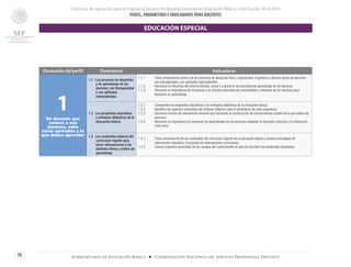 Concurso de oposición para el ingreso al Servicio Profesional Docente en Educación Básica. Ciclo Escolar 2014-2015
PERFIL, PARÁMETROS E INDICADORES PARA DOCENTES
70 Subsecretaría de Educación Básica ■ Coordinación Nacional del Servicio Profesional Docente
Dimensión del perfil Parámetros Indicadores
1Un docente que
conoce a sus
alumnos, sabe
cómo aprenden y lo
que deben aprender
1.1 Los procesos de desarrollo
y de aprendizaje de los
alumnos, con discapacidad
y con aptitudes
sobresalientes.
1.1.1	 Tiene conocimiento acerca de los procesos de desarrollo físico, cognoscitivo, lingüístico y afectivo social de lalumnos
con discapacidad y con aptitudes sobresalientes.
1.1.2	 Reconoce la influencia del entorno familiar, social y cultural en los procesos de aprendizaje de los alumnos.
1.1.3	 Reconoce la importancia de incorporar a su práctica educativa las necesidades e intereses de los alumnos para
favorecer su aprendizaje.
1.2 Los propósitos educativos
y enfoques didácticos de la
educación básica.
1.2.1	 Comprende los propósitos educativos y los enfoques didácticos de la educación básica.
1.2.2	 Identifica los aspectos esenciales del enfoque didáctico para la enseñanza de cada asignatura.
1.2.3	 Reconoce formas de intervención docente que favorecen la construcción de conocimientos a partir de lo que saben los
alumnos.
1.2.4	 Reconoce la importancia de favorecer los aprendizajes de los alumnos mediante la discusión colectiva y la interacción
entre ellos.
1.3 Los contenidos básicos del
currículum vigente para
hacer adecuaciones a los
distintos ritmos y estilos de
aprendizaje.
1.3.1	 Tiene conocimiento de los contenidos del currículum vigente de la educación básica y conoce estrategias de
intervención educativa, incluyendo las adecuaciones curriculares.
1.3.2	 Conoce aspectos esenciales de los campos del conocimiento en que se inscriben los contenidos educativos.
EDUCACIÓN ESPECIAL
 