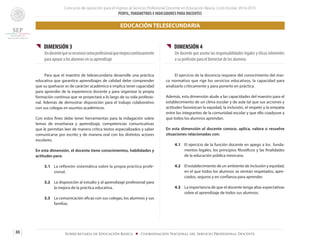 Concurso de oposición para el ingreso al Servicio Profesional Docente en Educación Básica. Ciclo Escolar 2014-2015
PERFIL, PARÁMETROS E INDICADORES PARA DOCENTES
88 Subsecretaría de Educación Básica ■ Coordinación Nacional del Servicio Profesional Docente
{{ DIMENSIÓN 3
Undocentequesereconocecomoprofesionalquemejoracontinuamente
para apoyar a los alumnos en su aprendizaje
	 Para que el maestro de telesecundaria desarrolle una práctica
educativa que garantice aprendizajes de calidad debe comprender
que su quehacer es de carácter académico e implica tener capacidad
para aprender de la experiencia docente y para organizar la propia
formación continua que se proyectará a lo largo de su vida profesio-
nal. Además de demostrar disposición para el trabajo colaborativo
con sus colegas en asuntos académicos.
Con estos fines debe tener herramientas para la indagación sobre
temas de enseñanza y aprendizaje, competencias comunicativas
que le permitan leer de manera crítica textos especializados y saber
comunicarse por escrito y de manera oral con los distintos actores
escolares.
En esta dimensión, el docente tiene conocimientos, habilidades y
actitudes para:
3.1 	 La reflexión sistemática sobre la propia práctica profe-
sional.
3.2 	 La disposición al estudio y al aprendizaje profesional para
la mejora de la práctica educativa.
3.3 	 La comunicación eficaz con sus colegas, los alumnos y sus
familias.
{{ DIMENSIÓN 4
Un docente que asume las responsabilidades legales y éticas inherentes
a su profesión para el bienestar de los alumnos
	 El ejercicio de la docencia requiere del conocimiento del mar-
co normativo que rige los servicios educativos, la capacidad para
analizarlo críticamente y para ponerlo en práctica.
Además, esta dimensión alude a las capacidades del maestro para el
establecimiento de un clima escolar y de aula tal que sus acciones y
actitudes favorezcan la equidad, la inclusión, el respeto y la empatía
entre los integrantes de la comunidad escolar y que ello coadyuve a
que todos los alumnos aprendan.
En esta dimensión el docente conoce, aplica, valora o resuelve
situaciones relacionadas con:
4.1 	 El ejercicio de la función docente en apego a los funda-
mentos legales, los principios filosóficos y las finalidades
de la educación pública mexicana.
4.2 	 El establecimiento de un ambiente de inclusión y equidad,
en el que todos los alumnos se sientan respetados, apre-
ciados, seguros y en confianza para aprender.
4.3 	 La importancia de que el docente tenga altas expectativas
sobre el aprendizaje de todos sus alumnos.
EDUCACIÓN TELESECUNDARIA
 