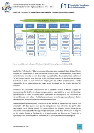 Perfiles Profesionales más demandados de la                                                                   
Industria de Contenidos Digitales en España 2012 – 2017 


Gráfico 9: Estructura de los Perfiles Profesionales TIC Europeos desarrollado por CEN. 

 

                                           6 Familias de Perfiles (Generación 1)

    Gestión del           Gestión                                                         Servicio y 
                                                  Diseño           Desarrollo                                     Soporte
     Negocio              Técnica                                                        Operaciones


                                           23 Perfiles TIC Europeos (Generación 2)

       Gestor de la         Gestor de                                                      Administrador 
     Información del                               Analista de                                                      Gestor de 
                          Aseguramiento                               Desarrollador         de Bases de 
         Negocio                                    Negocios                                                        Cuentas
                           de la Calidad                                                       Datos


        Director de                                                   Especialista en 
      Tecnologías de         Gestor de             Analista de                             Administrador 
                                                                         Medios                                   Formador TIC
      la Información       Seguridad TIC            Sistemas                                de Sistemas
                                                                         Digitales


        Gestor de 
                             Gestor de             Enterprise                                Experto en             Experto en 
       Operaciones                                                      Testeador
                             Proyectos             Architect                                   Redes              Seguridad TIC
          TIC



                             Gestor de            Arquitecto de 
                                                                                           Experto técnico        Consultor TIC
                             Servicios              Sistemas



                                                                                           Agente de Mesa 
                                                                                             de Servicio
                                                                                                                                    

Fuente: Rooter 2012, a partir de European ICT Professional Profiles (CEN Workshop Agreement 16458, Mayo 2012). 

 


Los Perfiles Profesionales TIC Europeos desarrollados por este grupo de trabajo CEN y el Marco 
Europeo de Competencias TIC e‐CF son considerados conceptos complementarios, que pueden 
conjuntamente fomentar el buen desarrollo y la gestión eficaz de una comunidad profesional 
TIC en Europa. Por ello, se acordó que la descripción de cada uno de estos perfiles estuviera 
basado  en  el  e‐CF  –lo  cual  ofrecía  una  amplia  gama  de  perfiles  personalizables–,  siendo 
susceptibles  de  ser  desarrollados  con  mayor  grado  de  detalle  por  los  propios  agentes  TIC 
europeos. 

Reiterando  lo  comentado  anteriormente  en  el  apartado  relativo  al  Marco  Europeo  de 
Competencias  TIC  (e‐CF),  el  enfoque  competencial  es  más  flexible  a  la  hora  de  identificar 
perfiles porque se centra en las verdaderas necesidades de las compañías, son susceptibles de 
ser  combinados  entre  ellos,  y  facilita  la  comunicación  entre  los  agentes  del  sector.  Definir 
perfiles sin este enfoque competencial es de suma dificultad.  

Como  refleja  el  siguiente  gráfico,  la  mayoría  de  los  perfiles  se  encuentran  ubicados  en  una 
dimensión  e‐CF.  Esto  quiere  decir  que  las  competencias  más  relevantes  del  perfil  están 
relacionadas  con  la  fase  de  negocio  TIC  correspondiente.  Un  pequeño  número  de  perfiles  se 
encuentran localizados en fronteras (como por ejemplo el Gestor de la Información de Negocio 
en  los  niveles  Gestión  y  Planificación,  o  el  Administrador  de  Sistemas  en  Producción  y 
Ejecución). Estos perfiles combinan competencias (y tareas) de ambas fases de negocio.  

 


Profesionales TIC 2011                                                                                                      116 
 