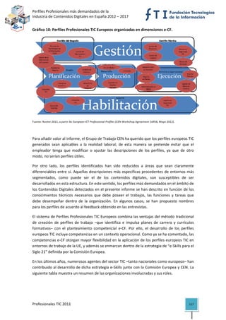 Perfiles Profesionales más demandados de la                                                               
Industria de Contenidos Digitales en España 2012 – 2017 


Gráfico 10: Perfiles Profesionales TIC Europeos organizadas en dimensiones e‐CF. 




Fuente: Rooter 2012, a partir de European ICT Professional Profiles (CEN Workshop Agreement 16458, Mayo 2012). 

 


Para añadir valor al informe, el Grupo de Trabajo CEN ha querido que los perfiles europeos TIC 
generados  sean  aplicables  a  la  realidad  laboral;  de  esta  manera  se  pretende  evitar  que  el 
empleador  tenga  que  modificar  o  ajustar  las  descripciones  de  los  perfiles,  ya  que  de  otro 
modo, no serían perfiles útiles. 

Por  otro  lado,  los  perfiles  identificados  han  sido  reducidos  a  áreas  que  sean  claramente 
diferenciables  entre  sí.  Aquellas  descripciones  más  específicas  procedentes  de  entornos  más 
segmentados,  como  puede  ser  el  de  los  contenidos  digitales,  son  susceptibles  de  ser 
desarrollados en esta estructura. En este sentido, los perfiles más demandados en el ámbito de 
los Contenidos Digitales detectados en el presente informe se han descrito en función de los 
conocimientos  técnicos  necesarios  que  debe  poseer  el  trabajos,  las  funciones  y  tareas  que 
debe  desempeñar  dentro  de  la  organización.  En  algunos  casos,  se  han  propuesto  nombres 
para los perfiles de acuerdo al feedback obtenido en las entrevistas. 

El sistema de Perfiles Profesionales TIC Europeos combina las ventajas del método tradicional 
de  creación  de  perfiles  de  trabajo  –que  identifica  e  impulsa  planes  de  carrera  y  currículos 
formativos–  con  el  planteamiento  competencial  e‐CF.  Por  ello,  el  desarrollo  de  los  perfiles 
europeos TIC incluye competencias en un contexto operacional. Como ya se ha comentado, las 
competencias e‐CF otorgan mayor flexibilidad en la aplicación de los perfiles europeos TIC en 
entornos de trabajo de la UE, y además se enmarcan dentro de la estrategia de “e‐Skills para el 
Siglo 21” definida por la Comisión Europea.  

En los últimos años, numerosos agentes del sector TIC –tanto nacionales como europeos– han 
contribuido al desarrollo de dicha estrategia e‐Skills junto con la Comisión Europea y CEN. La 
siguiente tabla muestra un resumen de las organizaciones involucradas y sus roles. 

 

 

Profesionales TIC 2011                                                                                            117 
 