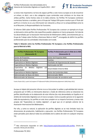 Perfiles Profesionales más demandados de la                                                               
Industria de Contenidos Digitales en España 2012 – 2017 


La tarea más importante a la hora de asignar perfiles a este marco europeo es la de encontrar 
un  enlace,  es  decir,  una  o  dos  categorías  cuyos  contenidos  sean  similares  en  las  áreas  de 
ambos  perfiles.  Como  hemos  visto  en  la  tabla  anterior,  los  Perfiles  TIC  Europeos  contienen 
numerosos factores o variables, pero el Grupo de Trabajo CEN quiere recalcar que el Título del 
perfil en sí mismo no es una información tan relevante y eficaz en la comparabilidad como lo 
es el Resumen, la Responsabilidad o las Funciones. 

El Informe CWA sobre Perfiles Profesionales TIC Europeos da a conocer un ejemplo en el que 
se demuestra cómo perfiles más específicos pueden adaptarse al marco propuesto. Se trata de 
los desarrollados por la Asociación Internacional de Webmasters (IWA), concretamente por su 
Grupo de Trabajo sobre Perfiles y Destrezas Web en Italia109, encargados de definir los perfiles 
profesionales para las actividades relacionadas con la web.  

Tabla  9.  Relación  entre  los  Perfiles  Profesionales  TIC  Europeos  y  los  Perfiles  Profesionales 
para la Web de la IWA. 

         Perfiles Profesionales TIC Europeos                         Perfiles Profesionales para la Web de la IWA 
                    (Generación 2)                                                   (Generación 3)
 Gestor de Proyectos                                                 Gestor de Proyectos Web
 Gestor de Cuentas                                                   Cuentas
 Especialista en Medios Digitales                                    Diseñador de Experiencias de Usuario
 Especialista en Medios Digitales                                    Optimizador de SEO
 Especialista en Medios Digitales                              y/o
                                                                     Desarrollador Entorno Web
 Desarrollador
 Especialista en Medios Digitales                                    Gestor de Contenidos Web
 Administrador de Bases de Datos                                     Administrador BBDD
 Administrador de Sistemas                                           Administrador de servidores web                  
Fuente: Rooter 2012, a partir de European ICT Professional Profiles (CEN Workshop Agreement 16458, Mayo 2012). 




Aunque el objeto del presente informe no es el de probar la validez y aplicabilidad del sistema 
propuesto por el CWA, es interesante observar a modo de referencia cómo se relacionan los 
perfiles identificados en la elaboración de este informe (los más demandados en España en el 
ámbito de Contenidos Digitales) con el marco europeo. Como se puede apreciar en la siguiente 
tabla de equivalencia, los perfiles en este área cumplen en su mayoría funciones y tareas más 
propias  del  “Especialista  en  medios  digitales”,  al  igual  que  en  el  ejemplo  anterior  de  la 
Asociación Internacional de Webmasters.  

Por  ello,  y  como  es  natural,  la  aplicación  de  perfiles  digitales  se  ve  más  limitado  hacia  las 
dimensiones  de  producción,  habilitación  y  ejecución.  Los  Perfiles  Profesionales  TIC  Europeos 
están pensados para abarcar todas las actividades de la cadena de valor en cualquier empresa 
TIC.  


                                                            
109
    Más  información  disponible  en  web:  http://iwanet.org/en/about/web‐skills‐profiles.  (Fecha  de 
consulta: 30 de junio de 2012). 

Profesionales TIC 2011                                                                                            120 
 