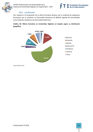 Perfiles Profesionales más demandados de la                                              
Industria de Contenidos Digitales en España 2012 – 2017 


          10.6. Localización 
Con  respecto  a  la  localización  de  la  oferta  formativa  destaca,  por  la  amplitud  de  programas 
formativos  que  se  imparten,  la  Comunidad  Autónoma  de  Madrid,  seguida  de  comunidades 
como Cataluña, Andalucía y la Comunidad Valenciana. 

Gráfico  20:  Oferta  formativa  en  Contenidos  Digitales  en  España  según  su  distribución 
geográfica. 

                                  6,25% 1,88%
                         7,50%
                                                 14,38%                             Asturias
                                                                                    Cataluña
                         9,38%                                                      Madrid

              2,50%                                                                 Nacional FP
                                                                                    Andalucía
                                                                                    Valencia
                                                                                    Otras

                                                58,12%

                                                                                                   
Fuente: Rooter, 2012. 


                                    




Profesionales TIC 2011                                                                                135 
 