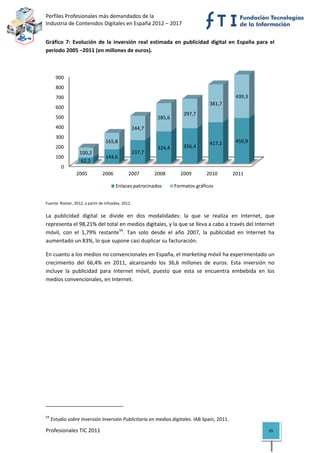 Perfiles Profesionales más demandados de la                                                                
Industria de Contenidos Digitales en España 2012 – 2017 


Gráfico  7:  Evolución  de  la  inversión  real  estimada  en  publicidad  digital  en  España  para  el 
periodo 2005 –2011 (en millones de euros). 



        900
        800
        700                                                                                              439,3
                                                                                                381,7
        600
                                                                                     297,7
        500                                                              285,6
        400                                                     244,7
        300
                                             165,8                                              417,2    459,9
        200                                                              324,4       356,4
                         100,2                                  237,7
        100                                  144,6
                          62,2
           0
                       2005                2006                2007     2008       2009        2010     2011

                                                     Enlaces patrocinados        Formatos gráficos
                                                                                                                        
Fuente: Rooter, 2012, a partir de Infoadex, 2012. 


La  publicidad  digital  se  divide  en  dos  modalidades:  la  que  se  realiza  en  Internet,  que 
representa el 98,21% del total en medios digitales, y la que se lleva a cabo a través del Internet 
móvil,  con  el  1,79%  restante59.  Tan  solo  desde  el  año  2007,  la  publicidad  en  Internet  ha 
aumentado un 83%, lo que supone casi duplicar su facturación. 

En cuanto a los medios no convencionales en España, el marketing móvil ha experimentado un 
crecimiento  del  66,4%  en  2011,  alcanzando  los  36,6  millones  de  euros.  Esta  inversión  no 
incluye  la  publicidad  para  Internet  móvil,  puesto  que  esta  se  encuentra  embebida  en  los 
medios convencionales, en Internet. 

                                                           




                                                            
59
      Estudio sobre Inversión Inversión Publicitaria en medios digitales. IAB Spain, 2011. 

Profesionales TIC 2011                                                                                           35 
 
