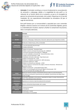 Perfiles Profesionales más demandados de la                                                         
Industria de Contenidos Digitales en España 2012 – 2017 


                 o    Animador: El animador constituye un recurso fundamental en una producción 
                      de  animación  o  videojuego,  debido  a  la  cargabilidad  de  este  perfil  y  a  lo 
                      relevante  de  su  función  dentro  de  un  proyecto,  ya  que  es  el  encargado  de 
                      generar las animaciones de personajes, sets y props. Al igual que en el caso del 
                      modelador  3D,  son  especialmente  demandados  los  animadores  3D  (por  el 
                      auge de esta técnica). 

                     Este  perfil  destaca  por  su  transversalidad  y  capacidad  para  crear  contenidos 
                     dirigidos a diversos sectores en el entorno de los Contenidos Digitales, gracias 
                     a su idoneidad para visualizar, expresar y facilitar la comprensión de procesos, 
                     ideas o conceptos abstractos. 

                         Animador
           PERFIL
                         Animador 3D

          SECTOR         Animación, Videojuegos, Publicaciones, Educación, Aplicaciones para dispositivos móviles

     ÁREA DE TRABAJO Producción / Diseño Visual, y Arte y Creatividad

        FORMACIÓN         ‐ Curso de Animación de personajes
       RELACIONADA        ‐ Grado en Animación

                       ‐ Máster en animación ‐ Animation Iskool
                       ‐ Máster creación y animación de personajes 3D ‐ ANIMIUN
                       ‐ Animación Avanzada de Personajes 3D ‐ ANIMIUM
                       ‐ Curso de modelado y animación 3D ‐ Escola dínformática I oficis
                       ‐ Grado en Cine de Animación ‐ ESNE
                       ‐ Modelado, Animación y Narrativa ‐ Pepe School Land
    OFERTA FORMATIVA   ‐ Máster en Animación 3D ‐ U‐TAD
      DE REFERENCIA   ‐ Máster en modelado y animación 3D ‐ AZPE Informática
         ACTUAL        ‐ Animación audiovisual ‐ ECAM
                       ‐ Máster en animación por ordenador ‐ LATAD
                       ‐ Técnico superior en animaciones 3D, juegos y entornos interactivos ‐ Ministerio de 
                      Educación y Ciencia
                       ‐ Máster en Animación ‐ Universidad Pompeu Fabra
                       ‐ Máster en Cinematografía de Animación Digital y Estereoscopía ‐ CEV
                       ‐ Curso de Animación 3D con Maya y XSI ‐ CEV
                     Manejo de cámaras virtuales; Conocimientos técnicos sobre el uso de herramientas 
        OTROS 
                     informáticas de animación; Conocimientos de modelado; Conocimientos de dibujo; Nivel 
     CONOCIMIENTOS
                     medio de inglés.
     COMPETENCIAS Y  Creatividad; Habilidades comunicativas; Capacidad de trabajo en equipo; Razonamiento 
       HABILIDADES   crítico; Capacidad para tomar decisiones.
       EXPERIENCIA       Experiencia en entornos reales de producción de animación

       FUNCIONES Y 
                      Generar animaciones de personajes, sets  y props.
         TAREAS
     RELACIONES CON 
                       ‐ Director de proyecto
     OTROS PUESTOS O 
                       ‐ Animadores
         PERFILES
                       ‐ Perfil junior  o senior 
      EMPLEABILIDAD
                       ‐ Demandado en la actualidad                                                                        

                                          




Profesionales TIC 2011                                                                                              49 
 
