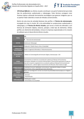 Perfiles Profesionales más demandados de la                                                     
Industria de Contenidos Digitales en España 2012 – 2017 


        VFX (Visual Effects): Los efectos visuales constituyen una parte fundamental para todo 
        tipo  de  producciones  audiovisuales  y  videojuegos.  Estas  técnicas  consiguen  crear 
        ilusiones  ópticas  utilizando  herramientas  tecnológicas  que  generan  imágenes  que  no 
        se podrían haber obtenido a través de métodos convencionales.  

       Dentro  de  esta  área  de  actividad  destacan  dos  perfiles:  el  Técnico  de  estereoscopía, 
       encargado  de  crear  la  ilusión  3D  y  de  profundidad  en  producciones  audiovisuales  y 
       videojuegos; y el Técnico de efectos visuales, que recrea a través de ordenador y con 
       técnicas  de  animación  objetos,  texturas,  paisajes  y  todo  tipo  de  elementos.  Ambos 
       perfiles son altamente demandados, incluso en empresas especializadas en la creación 
       de software para el desarrollo de efectos visuales.  

                    VFX
      PERFIL
                           Técnico/a de estereoscopía

      SECTOR        Audiovisual, Videojuegos

 ÁREA DE TRABAJO Producción / Diseño Visual, y Arte y Creatividad
    FORMACIÓN 
                    Grado en Ingeniería Informática o Telecomunicaciones
   RELACIONADA

OFERTA FORMATIVA 
  DE REFERENCIA   ‐ Máster en Cinematografía de Animación Digital y Estereoscopía ‐ CEV
     ACTUAL

                    Conocimientos en diseño de una producción audiovisual; Manejo de herramientas 
     OTROS          informáticas utilizadas en el proceso estereoscópico; Conocimientos generales de todas las 
  CONOCIMIENTOS     fases de la creación y explotación de un producto audivisual; Manejo de herramientas de 
                    postproducción  y edición digital; Conocimientos de filmación; Nivel medio de inglés.

 COMPETENCIAS Y     Flexibilidad funcional; Habilidades comunicativas; Capacidad de trabajo en equipo; 
   HABILIDADES      Razonamiento crítico; Capacidad para tomar decisiones.
   FUNCIONES Y      Rodar con tecnología 3D o recrear una ilusión de profundidad estereoscópicas en imágenes 
     TAREAS         grabadas.
 RELACIONES CON 
                     ‐ Dirección
 OTROS PUESTOS O 
                     ‐ Posproducción
     PERFILES
                     ‐ Perfil junior  o senior 
  EMPLEABILIDAD
                     ‐ Demandado en la actualidad                                                                    




Profesionales TIC 2011                                                                                        52 
 
