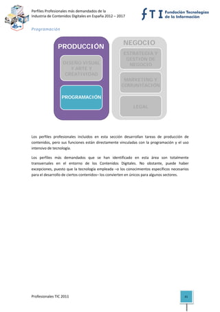 Perfiles Profesionales más demandados de la                                           
Industria de Contenidos Digitales en España 2012 – 2017 


Programación 


                                                           NEGOCIO
                 PRODUCCIÓN
                                                            ESTRATEGIA Y
                                                           ESTRATEGIA Y
                                                             GESTIÓN DE
                                                            GESTIÓN DE
                                                              NEGOCIO
                    DISEÑO VISUAL                             NEGOCIO
                       Y ARTE Y
                     CREATIVIDAD                              COMERCIAL
                                                           MARKETING Y
                                                          COMUNICACIÓN
                                                            MARKETING Y
                    TECNOLOGÍA,                            COMUNICACIÓN
                   PROGRAMACIÓN
                     Y SISTEMAS
                                                              LEGAL
                                                            MARKETING Y
                                                               LEGAL
                                                           COMUNICACIÓN
                                                                                          

       

Los  perfiles  profesionales  incluidos  en  esta  sección  desarrollan  tareas  de  producción  de 
contenidos,  pero  sus  funciones  están  directamente  vinculadas  con  la  programación  y  el  uso 
intensivo de tecnología. 

Los  perfiles  más  demandados  que  se  han  identificado  en  esta  área  son  totalmente 
transversales  en  el  entorno  de  los  Contenidos  Digitales.  No  obstante,  puede  haber 
excepciones,  puesto que la tecnología  empleada –o los conocimientos específicos necesarios 
para el desarrollo de ciertos contenidos– los convierten en únicos para algunos sectores. 

                                   




Profesionales TIC 2011                                                                            61 
 