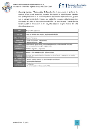 Perfiles Profesionales más demandados de la                                                            
Industria de Contenidos Digitales en España 2012 – 2017 


          Licensing  Manager  /  Responsable  de  licencias:  Es  el  responsable  de  gestionar  las 
          licencias  de  las  IP  que  poseen  las  empresas  del  entorno  de  los  Contenidos  Digitales. 
          Este  perfil  profesional  es  de  suma  importancia  en  el  sector  de  la  animación,  puesto 
          que un gran porcentaje de los ingresos que reciben las empresas productoras de estos 
          contenidos proceden de los acuerdos comerciales con licenciatarios. En este sentido, 
          la  consecución  de  financiación  en  los  proyectos  depende  en  gran  medida  del  éxito 
          obtenido en esta área. 

         PERFIL        Responsable de Licencias

        SECTOR         Todos los sectores de la Industria de Contenidos Digitales

    ÁREA DE TRABAJO Negocio / Comercial
      FORMACIÓN         ‐ Grado en Economía, ADE o Derecho
     RELACIONADA        ‐ Master de Gestión o  MBA
        OTROS          Conocimientos de Marketing , Comunicación y Gestión; Conocimiento de mercados 
    CONOCIMIENTOS      internacionales; Nivel de inglés muy avanzado.
     COMPETENCIAS      Habilidad de gestión y negociación

      EXPERIENCIA      Mínimo 4 años de experiencia en puestos similares

      FUNCIONES Y      Gestionar la cartera de licencias y licenciatarios; Identificación y negociación con posibles 
        TAREAS         licenciatarios.
    RELACIONES CON 
                        ‐ Puestos directos de todos los departamentos de la empresa
    OTROS PUESTOS O 
                        ‐ Responsable de Branding
        PERFILES
                        ‐ Perfil senior
    EMPLEABILIDAD
                        ‐ Se comienza a demandar en la actualidad                                                              

 

 

                                         




Profesionales TIC 2011                                                                                                  76 
 