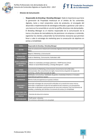 Perfiles Profesionales más demandados de la                                                         
Industria de Contenidos Digitales en España 2012 – 2017 


            Director de Comunicación 
             
                o Responsable de Branding / Branding Manager: Dada la importancia que tiene 
                    la  generación  de  Propiedad  Intelectual  en  el  ámbito  de  los  contenidos 
                    digitales,  tanto  a  nivel  corporativo  como  de  productos,  el  encargado  del 
                    desarrollo e implementación de estrategias enfocadas a gestionar y dar valor a 
                    una marca se ha convertido en uno de los perfiles directivos más demandados.  
                   El  Branding  Manager  es  el  máximo  responsable  de  la  comunicación  de  la 
                   marca y los planes de mercadotecnia; de posicionar a la empresa o contenido, 
                   segmentar los clientes y desarrollar las herramientas necesarias que permitan 
                   llevar  a  cabo  la  estrategia  de  marketing  para  la  consecución  de  objetivos  en 
                   ventas y rentabilidad. 

           PERFIL        Responsable de Branding  / Branding Manager
                         Todos los sectores de la Industria de Contenidos Digitales (menos Open Government  y Open 
          SECTOR
                         Data )
     ÁREA DE TRABAJO Negocio / Marketing  y Comunicación
        FORMACIÓN 
                         Grado en Marketing , Comunicación, Publicidad o ADE
       RELACIONADA

    OFERTA FORMATIVA 
                       ‐ Máster en creatividad y estrategia publicitaria ‐ ESERP Business School
      DE REFERENCIA 
                       ‐ Máster en Social Media Branding  y Strategy Managment  ‐ LaSalle
         ACTUAL

                     Conocimientos de Marketing y Comunicación; Conocimiento de los Mercados 
        OTROS 
                     internacionales; Alto conocimiento de inglés; Conocimientos de gestión de equipos de 
     CONOCIMIENTOS
                     marketing  y diseño; Nivel avanzado de inglés.
     COMPETENCIAS Y  Habilidades comunicativas; Habilidades de gestión; Creatividad; Dinámico e innovador; 
       HABILIDADES   Capacidad para gestionar equipos.
       EXPERIENCIA       Mínimo 4 años de experiencia en puestos similares

                         Desarrollar estrategias de comunicación enfocadas en la creación de nuevas marcas; 
       FUNCIONES Y       Desarrollar e implementar el plan de mercadotecnia de la empresa y sus presupuestos; 
         TAREAS          Desarrollar la identidad y posicionamiento de marca de la empresa; Crear herramientas de 
                         branding  y marketing  para facilitar el incremento de ventas y la rentabilidad.

     RELACIONES CON 
     OTROS PUESTOS O   ‐ Gerentes de áreas de la empresa
         PERFILES
                       ‐ Perfil senior  o directivo
      EMPLEABILIDAD
                       ‐ Se comienza a demandar en la actualidad                                                            

 
                                          




Profesionales TIC 2011                                                                                               80 
 