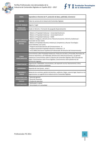 Perfiles Profesionales más demandados de la                                                            
Industria de Contenidos Digitales en España 2012 – 2017 


 

          PERFIL        Especialista en Derecho de IP , protección de datos, publicidad, eCommerce

          SECTOR        Todos los sectores de la Industria de Contenidos Digitales

     ÁREA DE TRABAJO Negocio / Legal
       FORMACIÓN 
                        Grado en Derecho + Formación de posgrado (Especialización)
      RELACIONADA

                       ‐ Máster en Propiedad Intelectual ‐ Universidad Autónoma
                       ‐ Máster en Propiedad Intelectual ‐ Universidad Carlos III
                       ‐ Máster en Propiedad Intelectual ‐ ICADE
                       ‐ Máster en Negocio y Derecho de las Telecomunicaciones, Internet y Audiovisual ‐ 
    OFERTA FORMATIVA 
                      Creamades & Calvo Sotelo
      DE REFERENCIA 
                       ‐ Máster en Propiedad Industrial, Intelectual, Competencia y Nuevas Tecnologías ‐ 
         ACTUAL
                      Universidad Rey Juan Carlos
                       ‐ Programa Avanzado Derecho del Entretenimiento ‐ IE
                       ‐ Programa Avanzado Propiedad Industrial e Intelectual ‐ IE
                       ‐ Foros DNAE (Asociación Española de Profesionales del Derecho del Entretenimiento)

                        Conocimientos sobre Propiedad Intelectual, Protección de datos y Privacidad, Normativa de 
                        Comercio electrónico y de Publicidad, Derecho de la telecomunicaciones, Ley general 
        OTROS 
                        audiovisual; Conocimientos sobre la Industria de Contenidos Digitales; Nivel avanzado de 
     CONOCIMIENTOS
                        inglés; Conocimientos sobre firmas digitales; Conocimientos sobre plataformas de 
                        distribución digitales.
                        Organización; Habilidades comunicativas y de expresión escrita; Razonamiento crítico; 
      COMPETENCIAS
                        Adaptación a un entorno cambiante.

       EXPERIENCIA      Depende del nivel (junior , senior )

       FUNCIONES Y      Redacción de contratos, gestión de derechos, auditorías, litigios, asesoría legal; Soporte en las 
         TAREAS         negociaciones con agentes de la Industria de los Contenidos Digitales.

    RELACIONES CON   ‐ Dirección general
    OTROS PUESTOS O   ‐ Dirección financiera
        PERFILES      ‐ Producción ejecutiva
                      ‐ Perfil junior  o senior 
     EMPLEABILIDAD
                      ‐ Demandado en la actualidad                                                                            

                                          




Profesionales TIC 2011                                                                                                88 
 