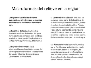 La Región de Los Ríos es la última que mantiene el relieve que se muestra en el territorio continental de nuestro país.  La  Cordillera de los Andes , tiende a disminuir su altura de Norte a Sur y sus mayores alturas coinciden con  cumbres volcánicas como las del Volcán el Mocho (2.422 msnm.) y Puyehue(2.240 msnm.) La  Depresión Intermedia  se ve interrumpida por el ondulado avance del cordón precordillerano que se desprende del volcán Villarrica, denominándose Cordillera de Mahuidanche.  La  Cordillera de la Costa  en esta zona se confunde como parte de la Cordillera de Mahundanche, hasta el río Valdivia, desde el cual es denominada Cordillera Pelada, caracterizándose por su poca continuidad y baja altura, alcanzando como máximo unos 600 metros sobre el nivel del mar. La cordillera se presenta como colinas suaves de mesetas disectadas por cursos de agua.  Las  Planicies Litorales  son interrumpidas por la Cordillera de Mahuidanche; desde el sur de San José de la Mariquina, se presentan como una breve franja litoral adosada a las colinas, comenzando un desarrollo entre las desembocaduras de los ríos Valdivia y Bueno. Macroformas del relieve en la región 