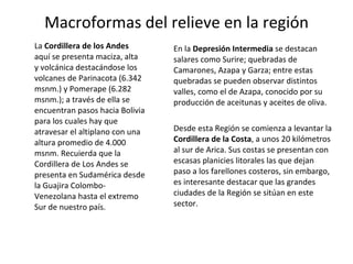 La  Cordillera de los Andes  aquí se presenta maciza, alta y volcánica destacándose los volcanes de Parinacota (6.342 msnm.) y Pomerape (6.282 msnm.); a través de ella se encuentran pasos hacia Bolivia para los cuales hay que atravesar el altiplano con una altura promedio de 4.000 msnm. Recuierda que la Cordillera de Los Andes se presenta en Sudamérica desde la Guajira Colombo-Venezolana hasta el extremo Sur de nuestro país. En la  Depresión Intermedia  se destacan salares como Surire; quebradas de Camarones, Azapa y Garza; entre estas quebradas se pueden observar distintos valles, como el de Azapa, conocido por su producción de aceitunas y aceites de oliva.  Desde esta Región se comienza a levantar la  Cordillera de la Costa , a unos 20 kilómetros al sur de Arica. Sus costas se presentan con escasas planicies litorales las que dejan paso a los farellones costeros, sin embargo, es interesante destacar que las grandes ciudades de la Región se sitúan en este sector.  Macroformas del relieve en la región 