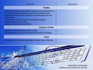 Imigrante Digital Nativo Digital Adoram trocar, dar e receber, especialmente músicas, filmes e Web sites Trocar Compram e vendem quase tudo através do ebay; A internet transformou-se na forma preferida de descobrir um emprego; Comprar e Vender Utilizam blogues para partilhar detalhes íntimos da sua personalidade e da sua vida emocional, informações estas que ficam permanentemente acessíveis; mantêm-se assim informados dos acontecimentos dos seus grupos sociais; As câmaras dos telemóveis servem para partilharem imagens instantaneamente com os amigos; Utilizam as Web câmaras para partilhar; Partilha 