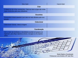 Imigrante Digital Nativo Digital O desejo de criar é-lhes característico. Cada vez mais os jogos são muitas vezes construídos pelos seus utilizadores; Criar Coleccionam músicas, vídeos e imagens Coleccionar Os encontros virtuais passaram a ser cada vez mais utilizados pela nova geração; Encontros Com a maior das facilidades e naturalidade se juntam em grupos e se organizam, para atingir objectivos comuns, nos jogos ou em projectos online; Coordenação 