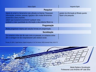Prensky, M. (2001). Digital Natives, Digital Immigrants. In  On The Horizon.  NCB University Press, Vol.9 nº 5.  Imigrante Digital Nativo Digital Os contactos online são tão reais como os pessoais; os contactos online têm a vantagem de não marginalizarem pelo estatuto social;  Socialização Muitos programam mesmo sem estudos formais em programação; Programação gostam da informação já filtrada quando fazem uma pesquisa; depois do email é a ferramenta mais utilizada na Internet. Pesquisam informações, produtos, pessoas, ligações e têm muitas ferramentas acessíveis a esse propósito; sabem que é possível encontrarem qualquer coisa; preferem a maior quantidade de informação e eles próprios filtram-na Pesquisar 