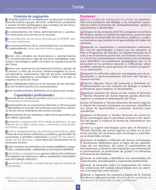 8
Tutor
Funciones
Elaborar un plan de trabajo para la tutoría, su construc-
ción será producto del diálogo y de compartir expec-
tativas sobre el proceso de acompañamiento, apoyo y
seguimiento a desarrollar.
Participar en las sesiones del CTE y proponer en la Ruta
de Mejora, desde su ámbito de injerencia, acciones que
favorezcan el desarrollo de prácticas, políticas y cultu-
ras inclusivas que incidan en el aprendizaje de todos los
alumnos.
Compartir su experiencia y conocimientos relaciona-
dos con los aprendizajes a lograr por los alumnos, el
Plan y Programas de Estudio, su implementación en el
aula y en el contexto particular, con énfasis en la lectu-
ra, escritura y pensamiento matemático; herramientas
para identificar los problemas pedagógicos que se le
presenten en su práctica docente y reflexionar sobre
posibles soluciones, para generar de manera progresi-
va su autonomía.
Compartir la reflexión sobre las estrategias para la or-
ganización y aprovechamiento efectivo del tiempo y
espacio escolar.
Observar algunas clases del tutorado y brindarle re-
troalimentación en una relación de diálogo y respeto
profesional, para mejorar su desempeño.
Organizar sesiones de clases en las cuales el Docente
y Técnico Docente de nuevo ingreso pueda observar,
registrar y analizar el desempeño del Tutor.
Invitar al Docente y Técnico Docente de nuevo ingreso
a valorar de manera constante sus avances, identificar
sus áreas de oportunidad y proponer acciones para
atenderlas.
Proponer al Docente y Técnico Docente de nuevo in-
greso estrategias que le permitan conocer a los alum-
nos del grupo y mejorar la forma de relacionarse con
sus familias.
Diseñar y sugerir estrategias para que el Docente y
Técnico Docente de nuevo ingreso se sitúe en el con-
texto escolar, de tal manera que se integre y contribu-
ya al desarrollo escolar.
Promover el análisis y reflexión de nuevas estrategias
y situaciones didácticas para el logro de los aprendi-
zajes de sus alumnos, así como el conocimiento de
herramientas y técnicas de evaluación que favorezcan
la permanencia, la promoción de grado y la eficiencia
terminal de los alumnos.
Exhortar al tutorado a identificar sus necesidades de
capacitación, actualización y superación profesional.
Orientar al tutorado sobre la importancia de contar
con evidencias del trabajo desarrollado con sus alum-
nos a lo largo del ciclo escolar.
Ordenar y registrar los avances y logros de la Tutoría
que lleva a cabo para rendir informes de los resultados al
Subdirector de Desarrollo Escolar y al Director.
Criterios de asignación
La función podrá ser cumplida por un docente o técnico
docente frente a grupo, director, subdirector, promotor
o asesor técnico pedagógico que cumpla con los linea-
mientos establecidos por el INEE.
Sin antecedentes de faltas administrativas o conduc-
tas contrarias a la norma en la escuela.
Con acreditación de un curso ofrecido por la AFSEDF rela-
tivo a sus funciones.
Con reconocimiento de la comunidad por su desempe-
ño sobresaliente como docente frente a grupo.
Perfil
Contar con estudios de licenciatura o normal básica
afín al nivel educativo, tipo de servicio, modalidad, asig-
natura, tecnología o taller en el que se requiera la tarea
del Tutor.
Contar con experiencia de docencia frente a grupo de
al menos 5 años de servicio, ininterrumpidos en el ni-
vel educativo, subsistema, tipo de servicio, modalidad
educativa, asignatura, tecnología o taller en la que se
requiera la tarea de Tutor.
Tener habilidades básicas en el manejo de las tecnolo-
gías de la información y la comunicación.
Tener nombramiento definitivo en la plaza que ocupa.
Capacidades profesionales
Comunicativas orales y escritas que le permiten analizar
e interpretar la información.
Organización de su experiencia docente y eficacia para
transmitirla en función del contexto personal y colecti-
vo de los otros miembros del centro escolar.
Conocimiento de los alumnos, sabe cómo aprenden y lo
que deben aprender.
Planeación y organización del trabajo académico, ya que
además de su labor como tutor, continuará como profe-
sor frente a grupo.
Diseño e implementación de prácticas innovadoras; pro-
motor de la práctica reflexiva y analítica, generador de
escenarios y posibles soluciones a partir de las necesi-
dades de los alumnos y ante diversas situaciones en el
contexto escolar.
Actúa con base en principios de responsabilidad, coope-
ración, colaboración, solidaridad y corresponsabilidad.
Actitud ética y empática que genera climas de confianza
con quienes se relaciona y lidera ambientes favorables
para el trabajo colectivo.
Disposición al estudio y al aprendizaje para la mejora de
su profesión.
NOTA: Los textos en negritas corresponden a la información
definida por la Coordinación del Servicio Profesional Docente.
 
