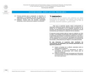 Concursos de oposición para las Promociones a cargos con funciones de Dirección y de Supervisión,
y a las Funciones de Asesoría Técnica Pedagógica en Educación Básica.
Ciclo Escolar 2016-2017
S U P E R V I S O R . E D U C A C I Ó N P R I M A R I A
SUBSECRETARÍA DE EDUCACIÓN BÁSICA SUBSECRETARÍA DE PLANEACIÓN Y EVALUACIÓN DE POLÍTICAS EDUCATIVAS COORDINACIÓN NACIONAL DEL SERVICIO PROFESIONAL DOCENTE
152
2.3 Formula acciones para la planeación, el desarrollo, el
seguimiento y la evaluación del plan de trabajo de la
supervisión escolar para la mejora de la calidad educativa.
2.4 Establece vínculos entre las escuelas, autoridades
educativas y otras instituciones de apoyo a la educación.
 DIMENSIÓN 3
Un supervisor que se reconoce como profesional que mejora
continuamente, tiene disposición para el estudio y para emplear las
Tecnologías de la Información y la Comunicación con fines de
aprendizaje, intercambio académico y gestión escolar.
Para que un supervisor escolar mejore continuamente su
desempeño profesional requiere reflexionar sobre la incidencia de su
práctica en el cumplimiento de los propósitos educativos en las
escuelas y de esta manera tener elementos que contribuyan a la toma
de decisiones que fortalezcan la calidad del servicio educativo.
El supervisor escolar también debe ser capaz de colaborar con otros
en redes y comunidades de aprendizaje, tener disposición al estudio y
al aprendizaje para fortalecer su desarrollo profesional y el de otros, y
mostrar conocimiento en el uso de las Tecnologías de la Información
a fin de establecer una comunicación profesional con los directores de
las escuelas y otras personas que integren la comunidad educativa.
En esta dimensión, el supervisor debe manifestar los
conocimientos, las habilidades y las actitudes expresadas en los
siguientes parámetros:
3.1 Explica la finalidad de la reflexión sistemática sobre la
propia práctica profesional.
3.2 Considera el estudio y la participación en redes y
comunidades de aprendizaje como medios para su
desarrollo profesional.
3.3 Explica la contribución de las Tecnologías de la Información
y la Comunicación (TIC) para el fortalecimiento y desarrollo
de la tarea supervisora.
 