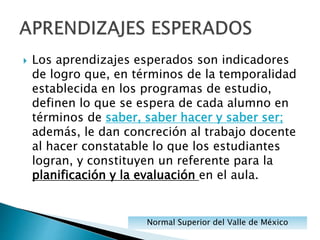 Los aprendizajes esperados son indicadores
de logro que, en términos de la temporalidad
establecida en los programas de estudio,
definen lo que se espera de cada alumno en
términos de saber, saber hacer y saber ser;
además, le dan concreción al trabajo docente
al hacer constatable lo que los estudiantes
logran, y constituyen un referente para la
planificación y la evaluación en el aula.
Normal Superior del Valle de México
 