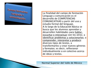 Normal Superior del Valle de México
La finalidad del campo de formación
Lenguaje y comunicación es el
desarrollo de COMPETENCIAS
COMUNICATIVAS a partir del uso y
estudio formal del lenguaje.
A lo largo de la Educación Básica se
busca que los alumnos aprendan y
desarrollen habilidades para hablar,
escuchar e interactuar con los otros; a
identificar problemas y solucionarlos; a
comprender, interpretar y producir
diversos tipos de textos, a
transformarlos y crear nuevos géneros
y formatos; es decir, reflexionar
individualmente o en colectivo acerca
de ideas y textos.
 