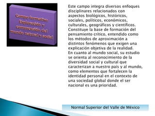 Normal Superior del Valle de México
Este campo integra diversos enfoques
disciplinares relacionados con
aspectos biológicos, históricos,
sociales, políticos, económicos,
culturales, geográficos y científicos.
Constituye la base de formación del
pensamiento crítico, entendido como
los métodos de aproximación a
distintos fenómenos que exigen una
explicación objetiva de la realidad.
En cuanto al mundo social, su estudio
se orienta al reconocimiento de la
diversidad social y cultural que
caracterizan a nuestro país y al mundo,
como elementos que fortalecen la
identidad personal en el contexto de
una sociedad global donde el ser
nacional es una prioridad.
 