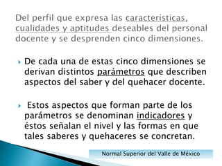  De cada una de estas cinco dimensiones se
derivan distintos parámetros que describen
aspectos del saber y del quehacer docente.
 Estos aspectos que forman parte de los
parámetros se denominan indicadores y
éstos señalan el nivel y las formas en que
tales saberes y quehaceres se concretan.
Normal Superior del Valle de México
 