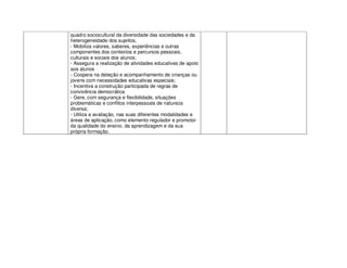 quadro sociocultural da diversidade das sociedades e da
heterogeneidade dos sujeitos,
- Mobiliza valores, saberes, experiências e outras
componentes dos contextos e percursos pessoais,
culturais e sociais dos alunos;
- Assegura a realização de atividades educativas de apoio
aos alunos
- Coopera na deteção e acompanhamento de crianças ou
jovens com necessidades educativas especiais;
- Incentiva a construção participada de regras de
convivência democrática
- Gere, com segurança e flexibilidade, situações
problemáticas e conflitos interpessoais de natureza
diversa;
- Utiliza a avaliação, nas suas diferentes modalidades e
áreas de aplicação, como elemento regulador e promotor
da qualidade do ensino, da aprendizagem e da sua
própria formação.

 