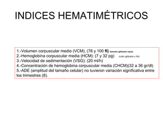 INDICES HEMATIMÉTRICOS
1.-Volumen corpuscular medio (VCM), (78 y 100 fl) (tamaño glóbulos rojos)
2.-Hemoglobina corpuscular media (HCM): (7 y 32 pg) (color glóbulos x Hb)
3.-Velocidad de sedimentación (VSG): (20 ml/h)
4.-Concentración de hemoglobina corpuscular media (CHCM)(32 a 36 gr/dl)
5.-ADE (amplitud del tamaño celular) no tuvieron variación significativa entre
los trimestres (8).
 