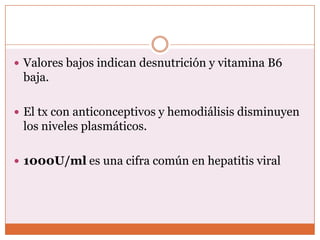  Valores bajos indican desnutrición y vitamina B6
 baja.

 El tx con anticonceptivos y hemodiálisis disminuyen
 los niveles plasmáticos.

 1000U/ml es una cifra común en hepatitis viral
 