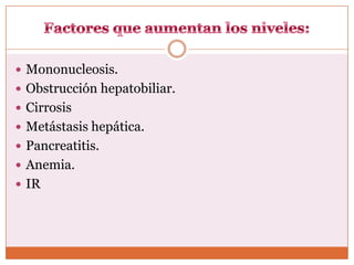  Mononucleosis.
 Obstrucción hepatobiliar.
 Cirrosis
 Metástasis hepática.
 Pancreatitis.
 Anemia.
 IR
 