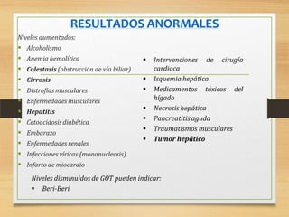 RESULTADOS ANORMALES
Niveles aumentados:
 Alcoholismo
 Anemia hemolítica
 Colestasis (obstrucción de vía biliar)
 Cirrosis
 Distrofias musculares
 Enfermedades musculares
 Hepatitis
 Cetoacidosis diabética
 Embarazo
 Enfermedades renales
 Infecciones víricas (mononucleosis)
 Infarto de miocardio
cirugía
 Intervenciones de
cardiaca
 Isquemia hepática
 Medicamentos tóxicos del
hígado
 Necrosis hepática
 Pancreatitis aguda
 Traumatismos musculares
 Tumor hepático
Niveles disminuidos de GOT pueden indicar:
 Beri-Beri
 