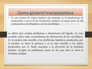 • Es una enzima de origen hepático que participa en la transferencia de
aminoácidos a través de las membranas celulares. La mayor parte de ella
se encuentra a nivel hepático y en las vías biliares.
se utiliza para evaluar problemas o alteraciones del hígado. Es muy
sensible, sobre todo, en problemas de obstrucción de las vías biliares.
Es la enzima más sensible a los problemas hepáticos producidos por
el alcohol, se eleva la primera y es la más sensible a los daños
producidos por él. Suele asociarse a la elevación de la fosfatasa
alcalina, excepto en problemas óseos en los que solo se eleva la
fosfatasa alcalina.
Gama glutamil transpeptidasa
 