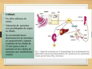 • Utilidad:
 No debe utilizarse de
rutina.
 Valoración de pacientes
con encefalopatía de origen
no filiado.
 Se recomienda hacer:
determinación de amoníaco
en sangrearterial y separar
el plasma de las células de
15 min (para evitar el
aumento en los valores de
amoníaco por metabolismo
celular)
 