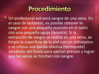 Un profesional extraerá sangre de una vena. En
el caso de lactantes, es posible obtener la
sangre con una pequeña punción en el talón
con una pequeña aguja (lanceta). Si la
extracción de sangre se realiza en una vena, se
limpia la superficie de la piel con un antiséptico
y se coloca una banda elástica (torniquete)
alrededor del brazo para ejercer presión y lograr
que las venas se hinchen con sangre.
 